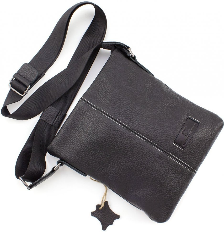 Черная кожаная сумка на плечо с белой строчкой Leather Collection (11118)