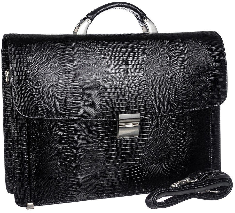 Стильный деловой портфель из фактурной кожи черного цвета Desisan (206-143)