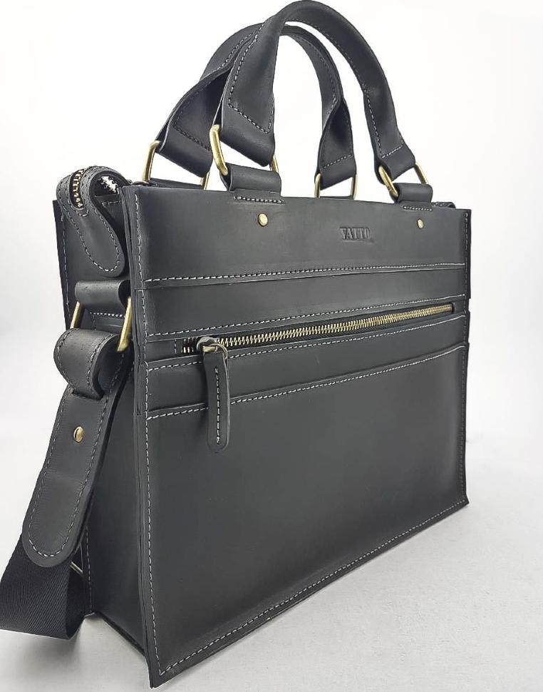 Кожаная деловая сумка черного цвета с ручками и плечевым ремнем VATTO (11733)