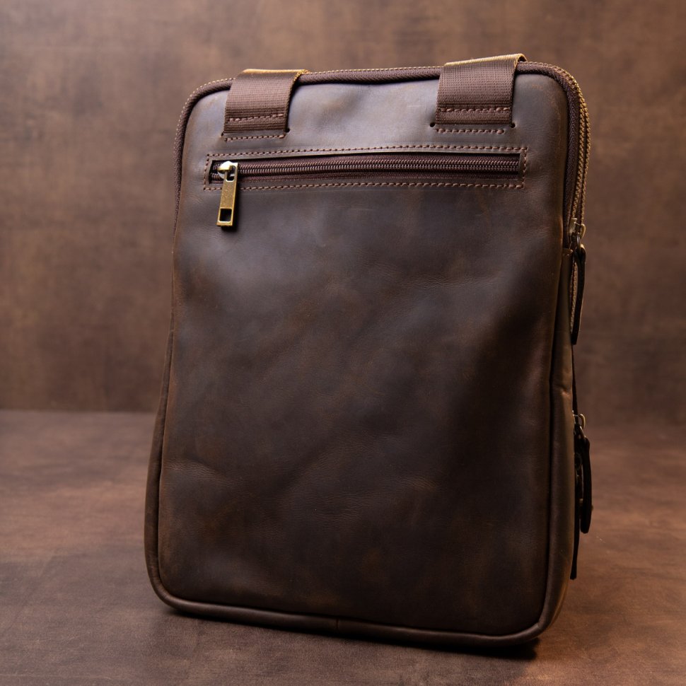 Мужская коричневая сумка с накладным карманом из винтажной кожи SHVIGEL (11280)
