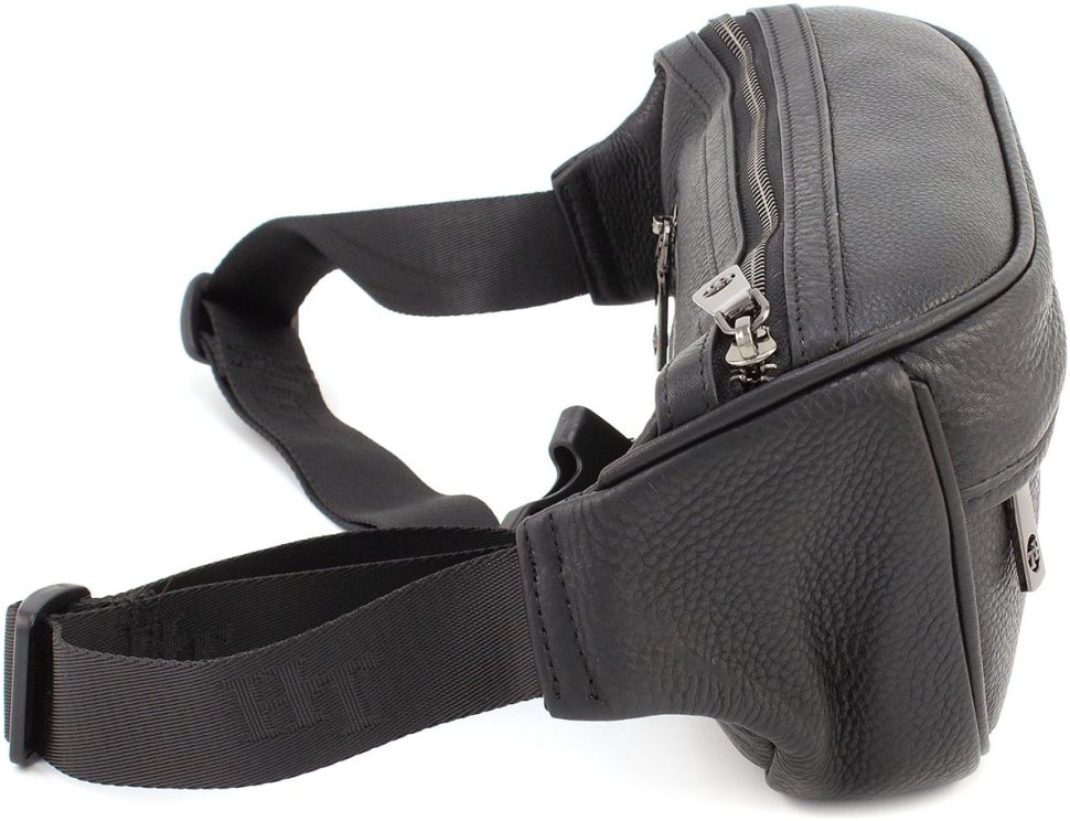 Мужская вместительная кожаная сумка на пояс черного цвета H.T. Leather (64293)