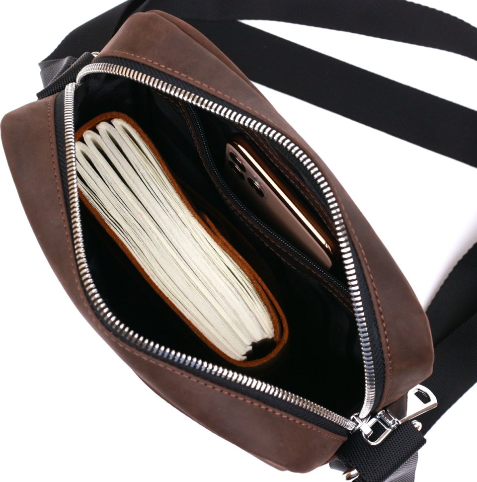 Мужская коричневая сумка-планшет из кожи крейзи хорс с длинным ремешком на плечо Shvigel (16332)