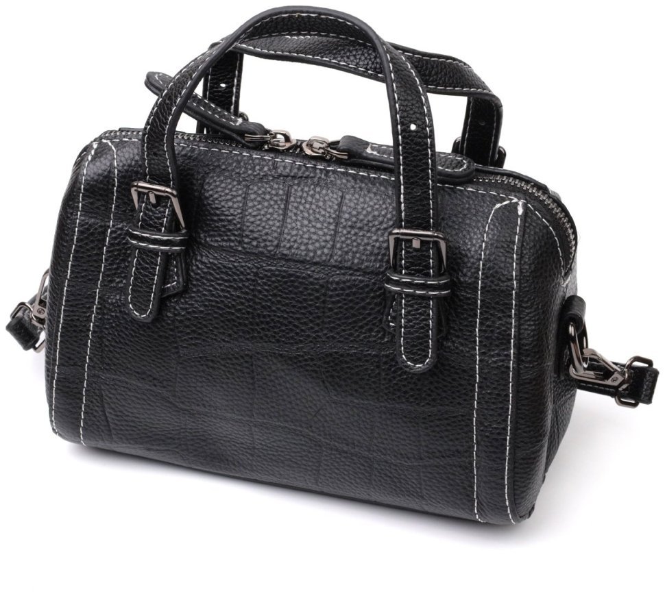 Компактная женская сумка из натуральной кожи черного цвета с белыми строчками Vintage 2422358