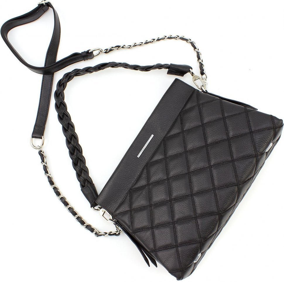 Черная женская стеганая сумка из натуральной кожи с одной лямкой KARYA (19616)