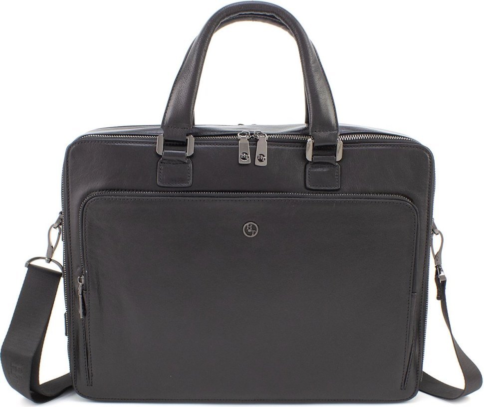 Черная мужская деловая сумка из натуральной кожи с отсеком под ноутбук H.T Leather (62197)