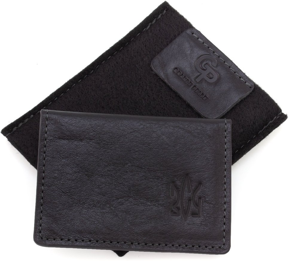 Кожаная обложка черного цвета под ID-докукенты с гербом ЗСУ - Grande Pelle 67797 