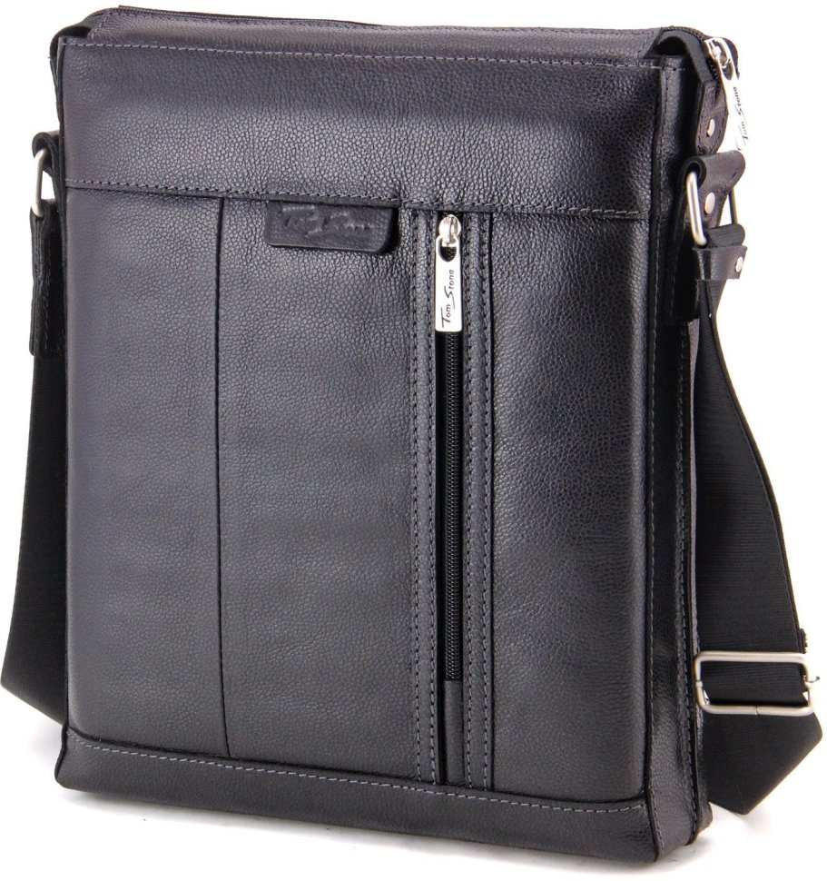 Кожаная мужская сумка-планшет черного цвета с молниевой застежкой Tom Stone (10998)