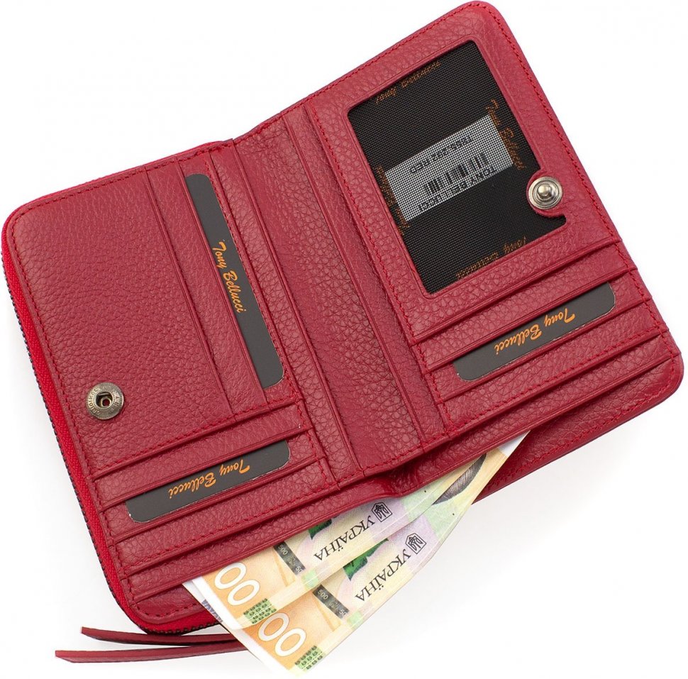 Небольшой кожаный женский кошелек красного цвета с монетницей Tony Bellucci (12487)