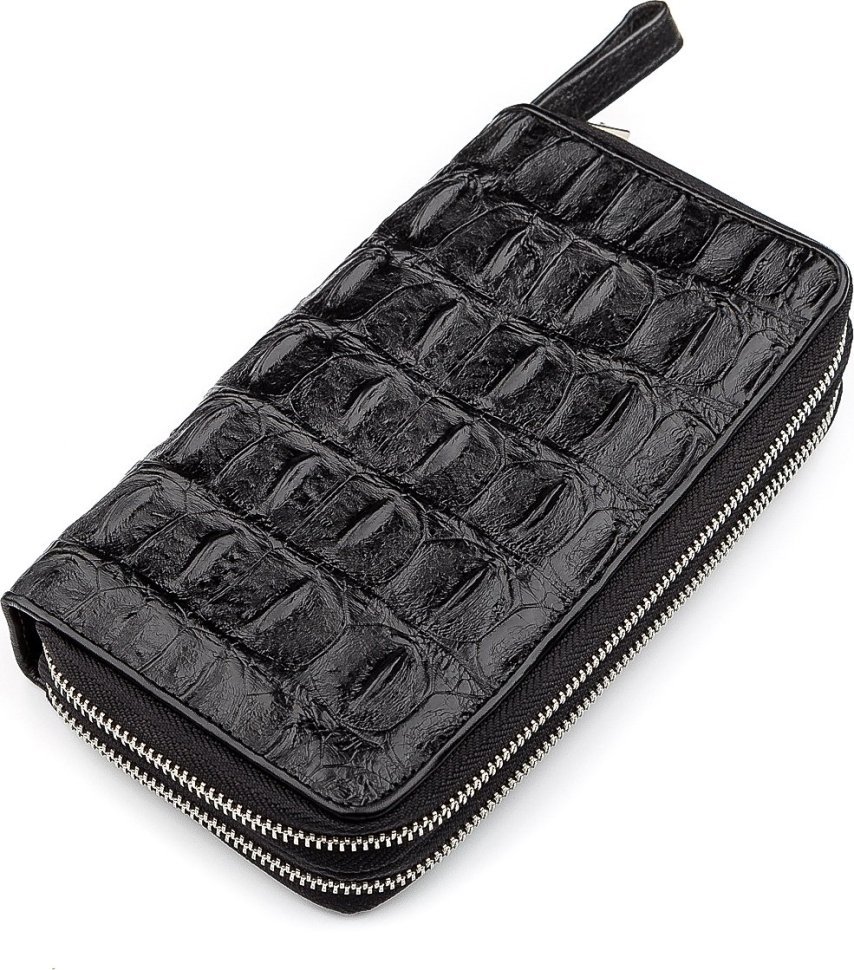 Чорний гаманець-клатч на дві блискавки з екзотичної шкіри крокодила CROCODILE LEATHER (024-18274)