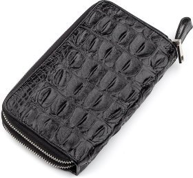 Чорний гаманець-клатч на дві блискавки з екзотичної шкіри крокодила CROCODILE LEATHER (024-18274)