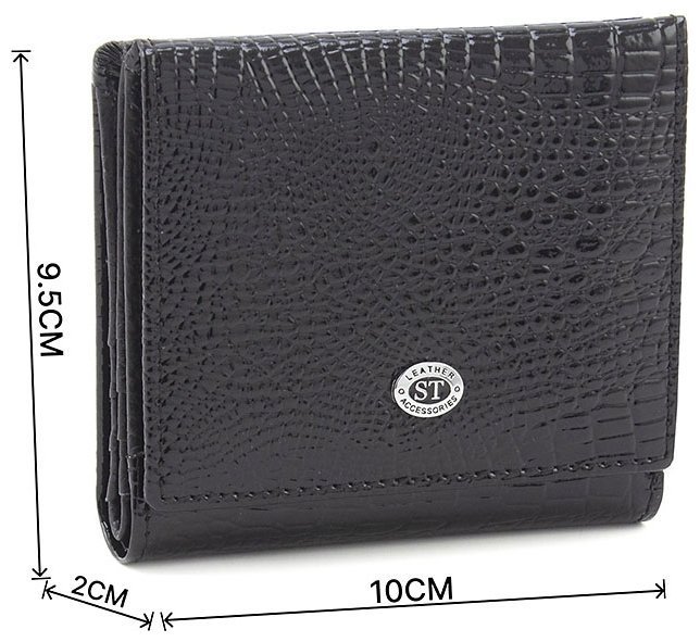 Компактний жіночий гаманець чорного кольору з лакової шкіри під рептилію ST Leather 70800 modnotak фото №3