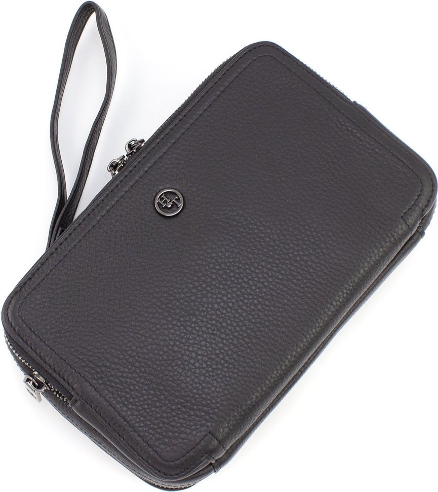 Шкіряний чоловічий клатч-барсетка чорного кольору на дві блискавки HT Leather (62200)