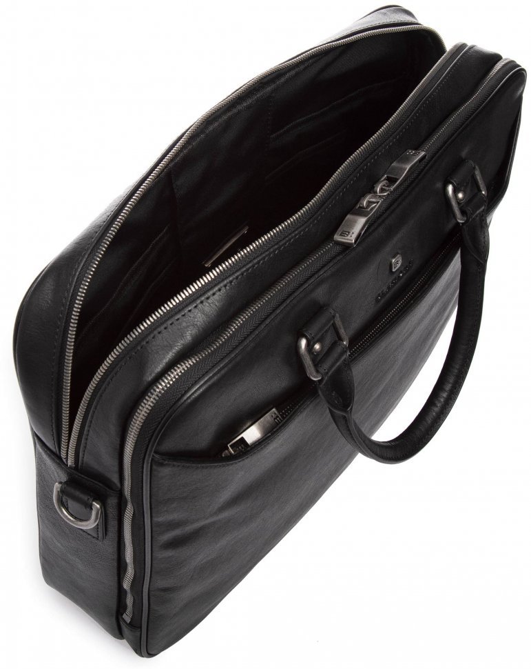 Добротная мужская сумка под ноутбук из натуральной кожи черного цвета Blamont (15853)