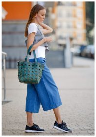 Зеленая плетеная сумка из натуральной кожи на плечо BlankNote Пазл L (12772)