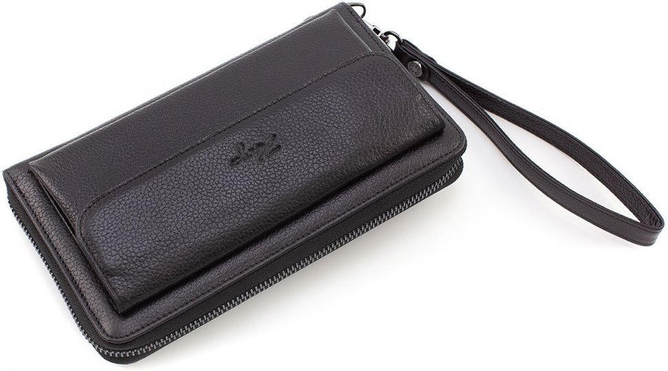 Чорний чоловічий гаманець-клатч зі шкіри флотар на зап'ястя KARYA (19971)