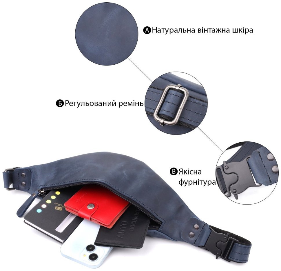 Мужская сумка-бананка на пояс из винтажной кожи синего цвета Shvigel 95100 modnotak фото №4