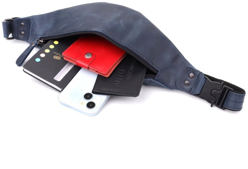 Мужская сумка-бананка на пояс из винтажной кожи синего цвета Shvigel 95100 modnotak фото №8