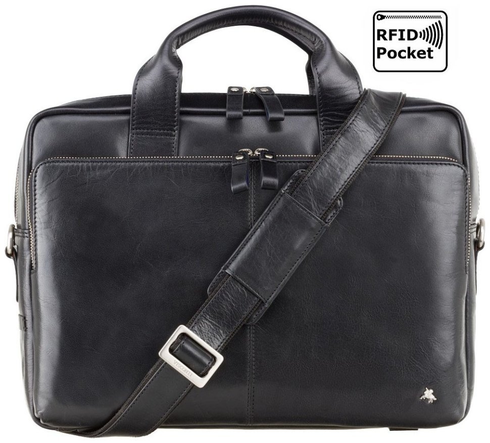 Шкіряна чоловіча сумка чорного кольору під ноутбук 15 дюймів Visconti Hugo 77400
