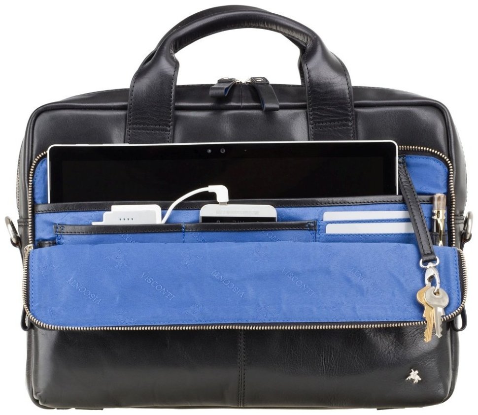 Шкіряна чоловіча сумка чорного кольору під ноутбук 15 дюймів Visconti Hugo 77400