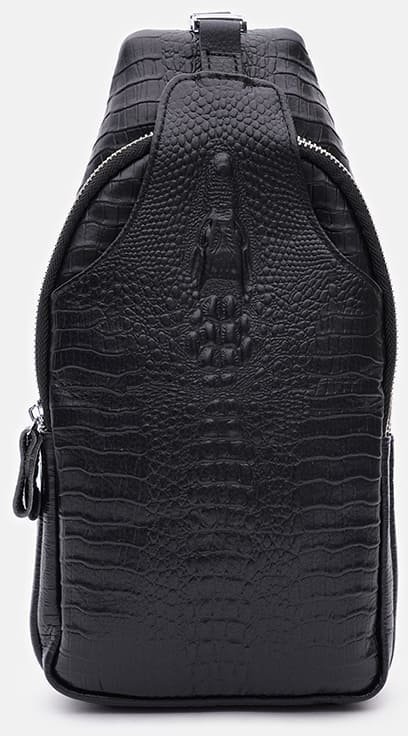 Чоловіча чорна сумка через плече з натуральної шкіри під крокодила Keizer (22091)