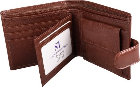 Гладкое коричневое мужское портмоне из натуральной кожи на кнопке ST Leather (21527)