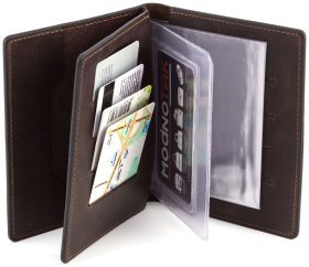 Кожаная обложка для паспорта и автодокументов коричневого цвета Grande Pelle (13068)