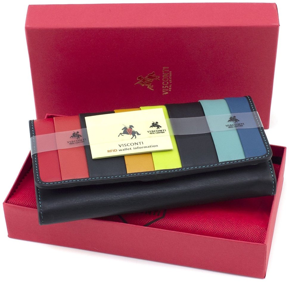 Черный кожаный женский кошелек с разноцветными полосками Visconti Kos 69000