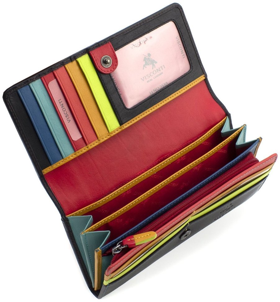 Чорний шкіряний жіночий гаманець з різнокольоровими смужками Visconti Kos 69000
