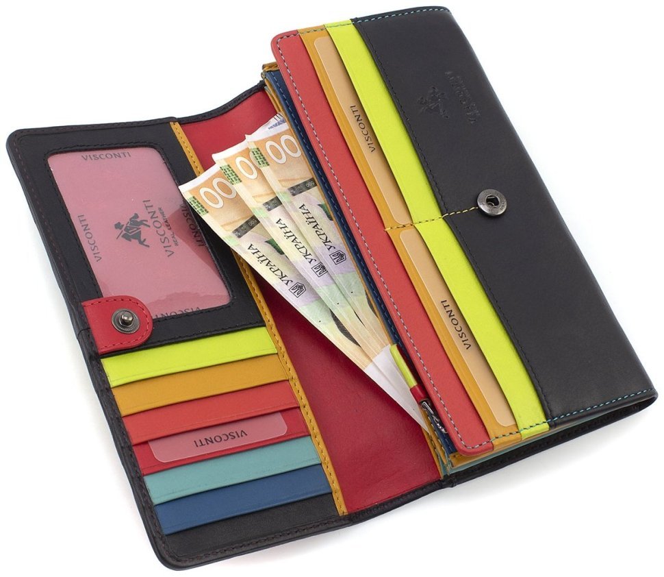 Чорний шкіряний жіночий гаманець з різнокольоровими смужками Visconti Kos 69000