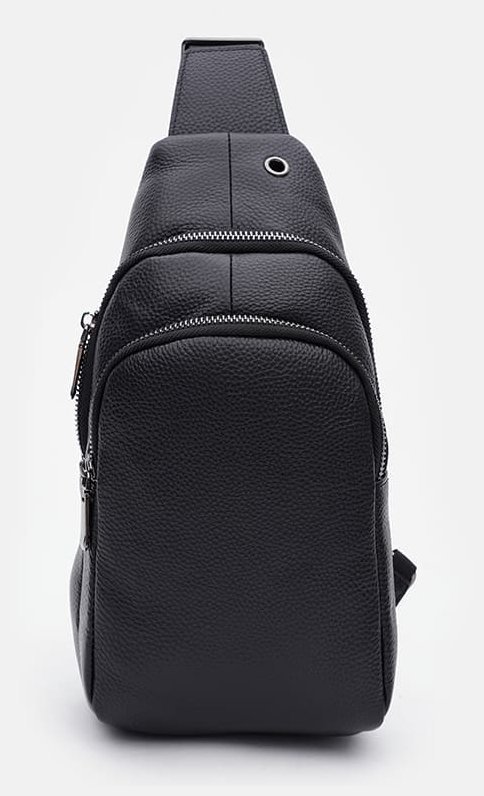 Качественный мужской рюкзак слинг через плечо из натуральной кожи Keizer 89600 Черный modnotak фото №2