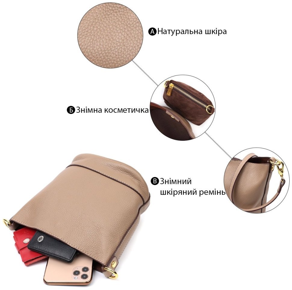 Бежевая женская сумка из натуральной кожи со съемной косметичкой Vintage 2422364 фото №11 Бежевая женская сумка из натуральной кожи со съемной косметичкой Vintage 2422364 modnotak фото №11
