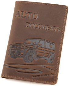 Коричнева вінтажна шкіряна обкладинка для автодокументів із зображенням Гелендваген 90801