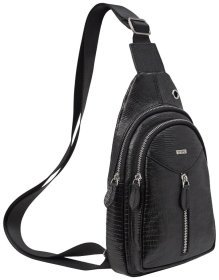 Чорна чоловіча сумка-слінг середнього розміру з натуральної шкіри під рептилію Desisan 81501