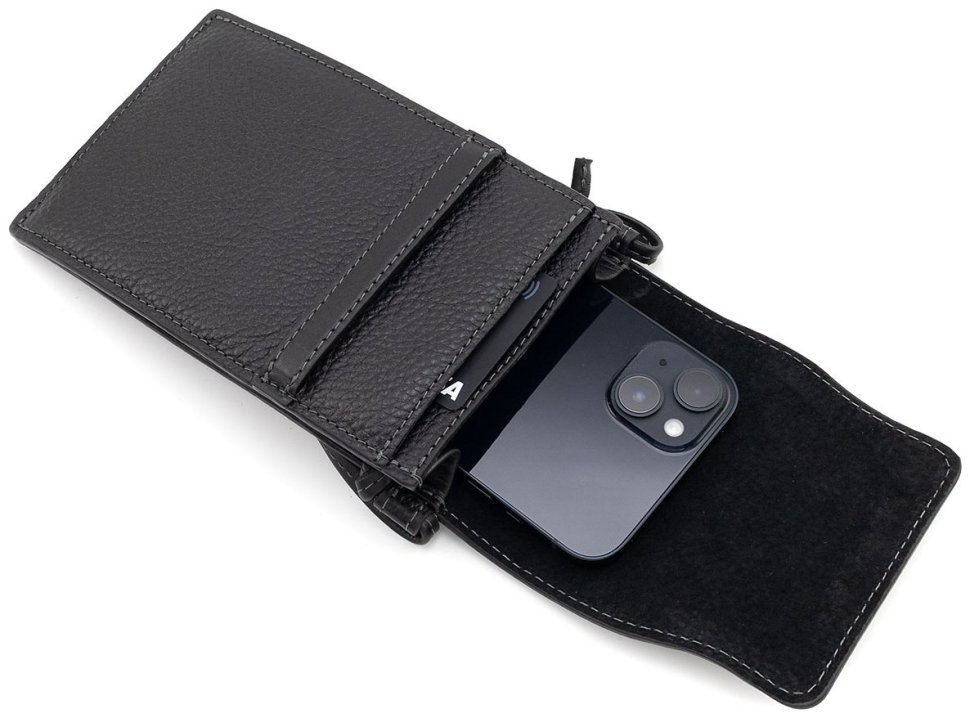 Шкіряна сумочка крос-боді для смартфона Grande Pelle 102301 (чорна) фото №2 Шкіряна сумочка крос-боді для смартфона Grande Pelle 102301 (чорна) modnotak фото №2