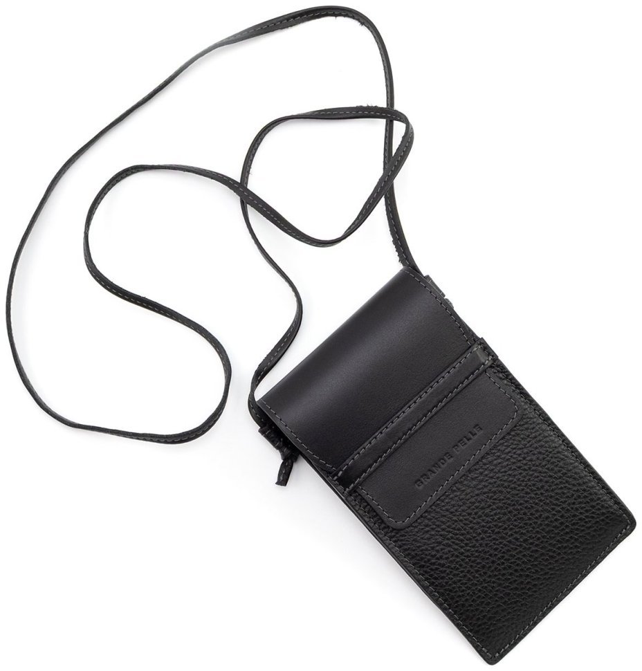 Шкіряна сумочка крос-боді для смартфона Grande Pelle 102301 (чорна) фото №4 Шкіряна сумочка крос-боді для смартфона Grande Pelle 102301 (чорна) modnotak фото №4