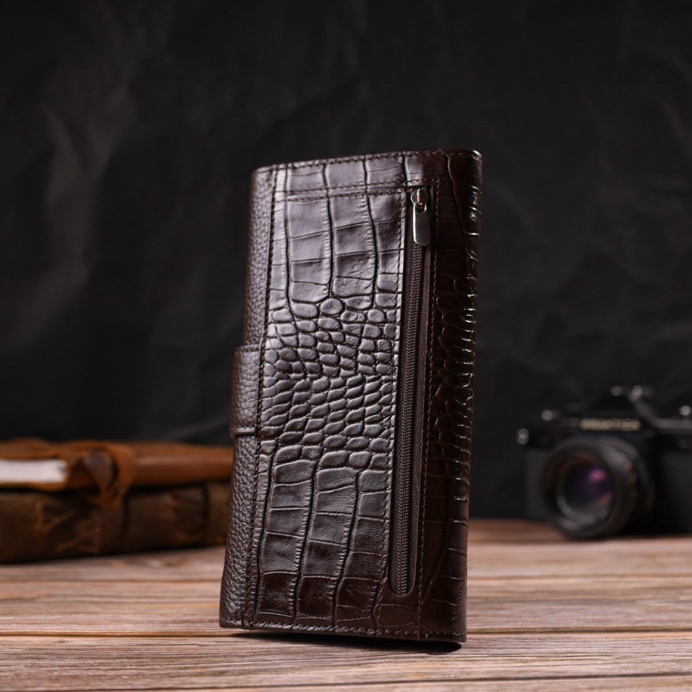 Вместительный коричневый мужской бумажник из натуральной кожи с тиснением под крокодила CANPELLINI (2421837)