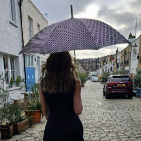 Зонт-трость женский Fulton Diamond L850 Princess - Pink Foulard (Трость, серая с принтом, UPF 50+) 93901