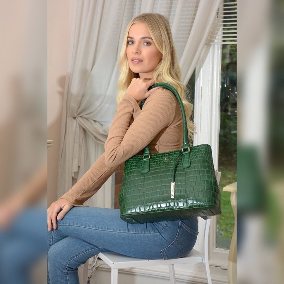 Сумка женская кожаная с фактурой кроко Ashwood Green (Зеленый) 94001 modnotak фото №7