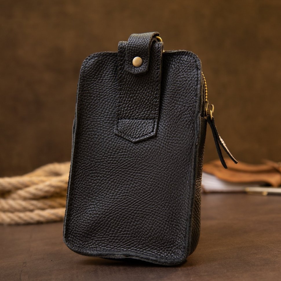 Чорна сумка на пояс з фактурної шкіри на одне відділення Vintage (20418)