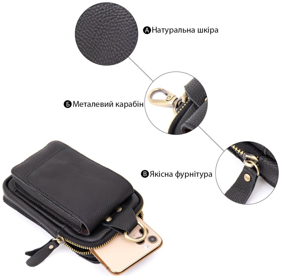 Чорна сумка на пояс з фактурної шкіри на одне відділення Vintage (20418) modnotak фото №10