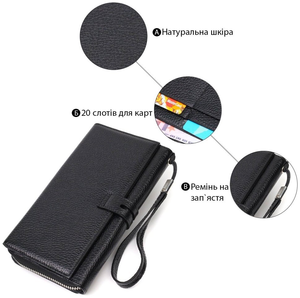 Чоловічий клатч із натуральної шкіри флотар чорного кольору з блоком для карт Tony Bellucci 2421984 modnotak фото №11