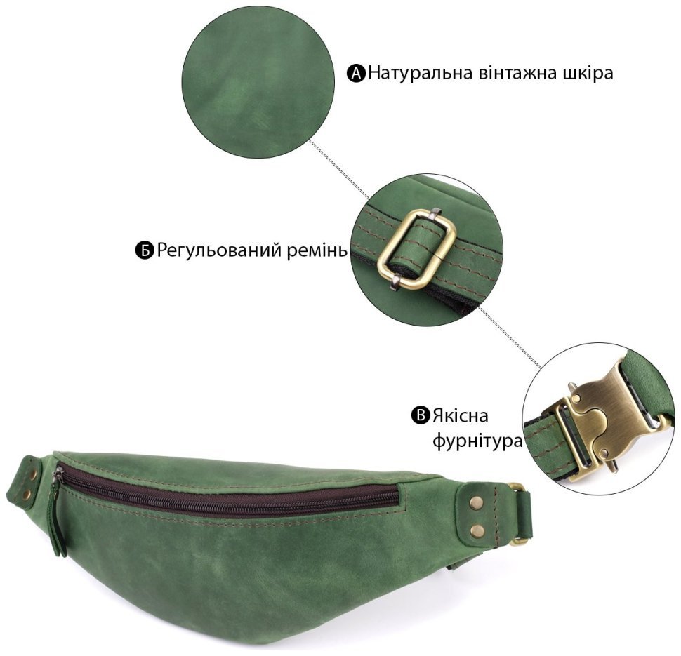 Мужская вместительная сумка-бананка из винтажной натуральной кожи Shvigel 95101 зелёного цвета фото №4 Мужская вместительная сумка-бананка из винтажной натуральной кожи Shvigel 95101 зелёного цвета modnotak фото №4
