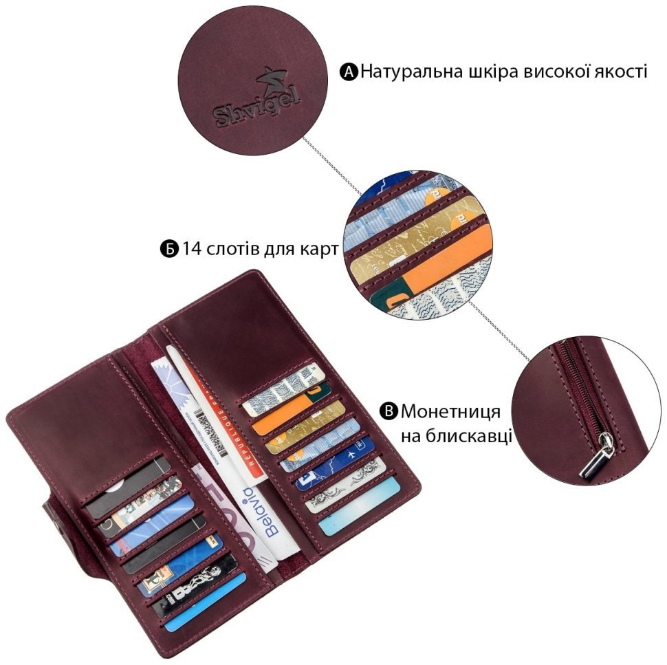 Женский вертикальный купюрник из винтажной кожи цвета марсала на кнопках SHVIGEL (2416178) modnotak фото №10