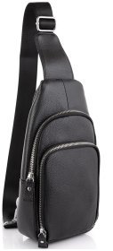 Шкіряний чоловічий вертикальний слінг-рюкзак чорного кольору Tiding Bag 77501