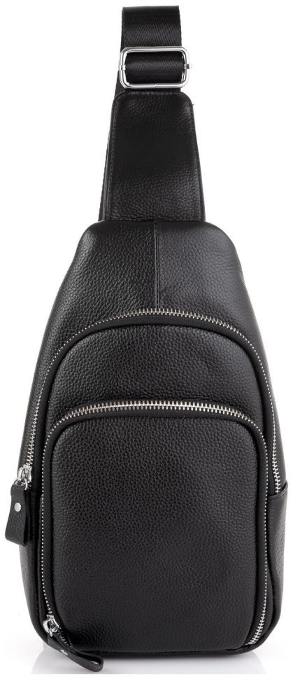 Кожаный мужской вертикальный слинг-рюкзак черного цвета Tiding Bag 77501