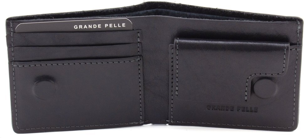 Черное мужское портмоне маленького размера из натуральной кожи на магнитах Grande Pelle 67801