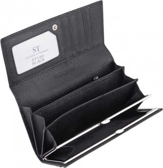 Довгий горизонтальний жіночий гаманець із фактурної шкіри чорного кольору з клапаном ST Leather (21537)