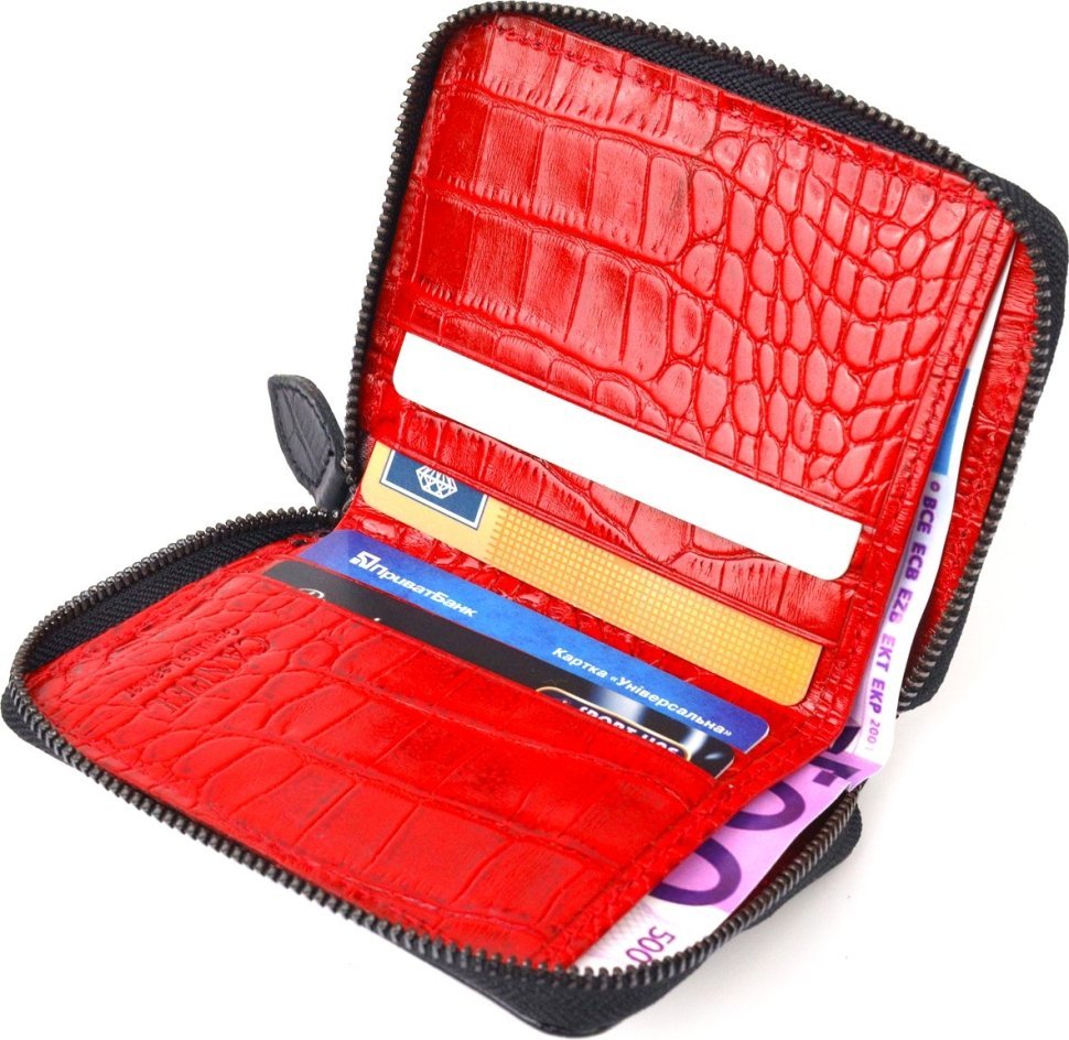 Чорно-червоний жіночий гаманець із натуральної фактурної шкіри на блискавці CANPELLINI (2421491)