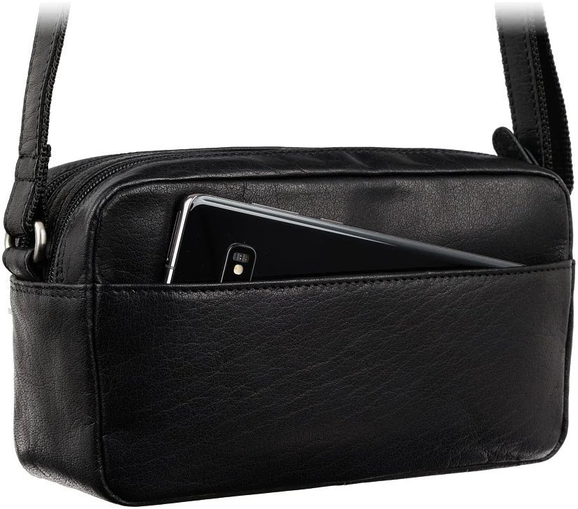 Горизонтальна жіноча сумка-кроссбоді із натуральної шкіри чорного кольору на дві блискавки Visconti Brooklyn 69301