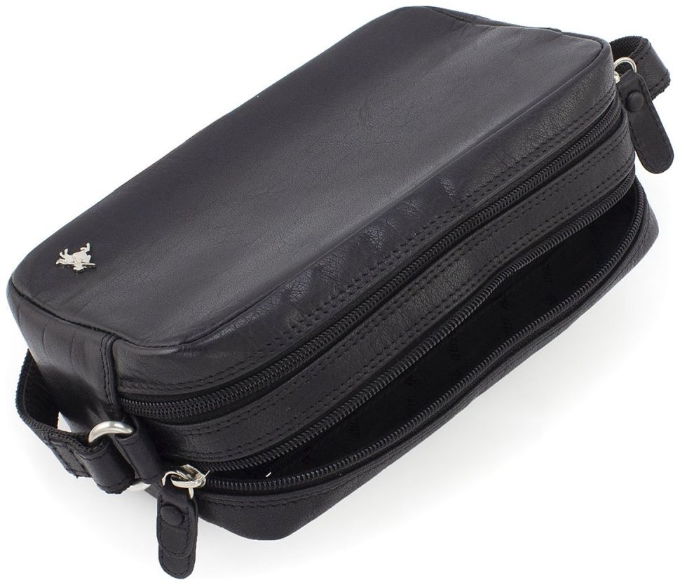 Горизонтальна жіноча сумка-кроссбоді із натуральної шкіри чорного кольору на дві блискавки Visconti Brooklyn 69301